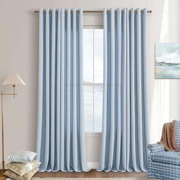 Light Blue Semi Sheer Curtains for Living Room Faux Linen Non-See-Through Privacy Bronze Grommet Modern Coastal Boho Slate Blue Floor to Ceiling 120 Inch Curtains Lager Window Drapes