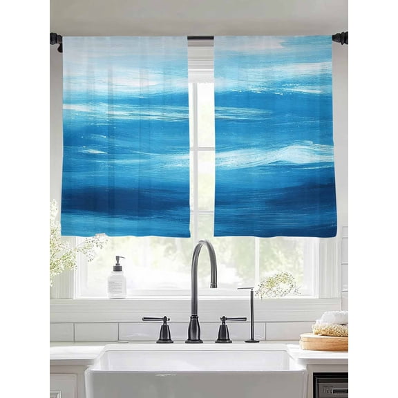 Light Blue Sheer Curtains 54 Inches Long 2 Panels Ocean Wave Abstract Gradient Blue Sea Scenery Light Filtering Semi Sheer Window Curtains Drapes for Bedroom Living Room 52"x54"