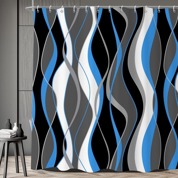 Light Blue Shower Curtain, Modern Abstract Blue Black Grey Striped Minimalist Art Bathroom Polyester Curtain Waterproof Fabric Machine Washable with Hooks 36"W x 72"L (Pack of 1)