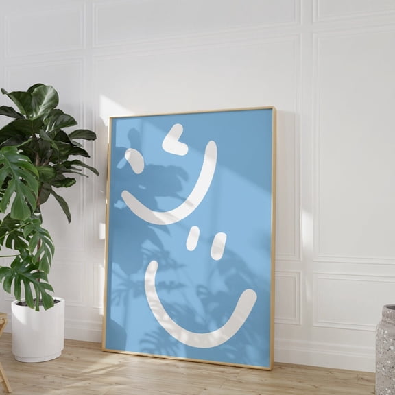 Light Blue Smiley Face Preppy Wall Art, Unframed Canvas Size 24x36