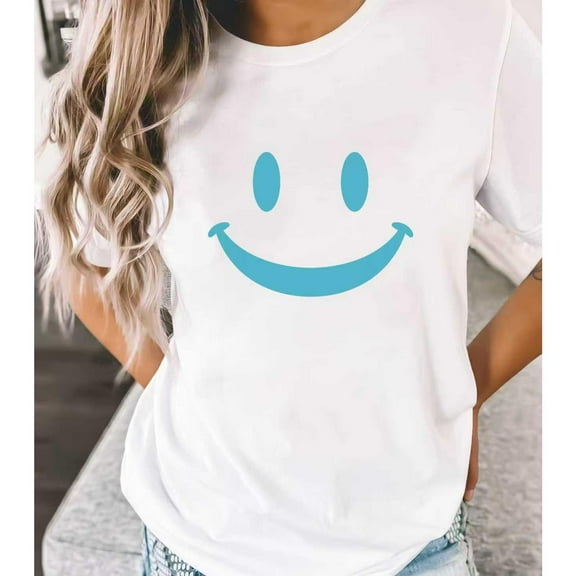 Light Blue Smiley Face T-Shirt for Women, Graphic Tees with Cute Casual Tops，Printing，Crew neck，Classic，cotton，white，S-5XL