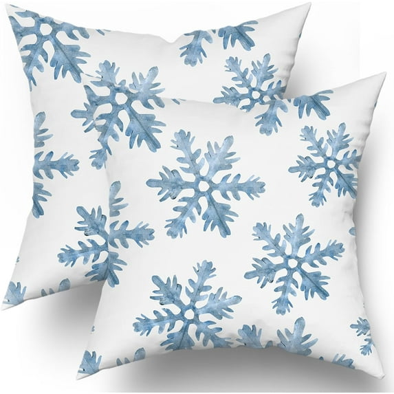 Light Blue Snow Flakes Winter Pillow Covers 20X20 Inch Set of 2 Falling Snowflakes Crystal Christmas White Pillow Cases Xmas Holiday Cotton Cushion Case Farmhouse Home Decor For Couch Sofa Outdoor