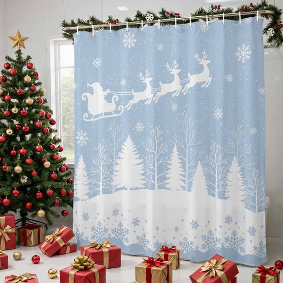 Light Blue Snowflake Christmas Shower Curtains for Bathroom, Xmas Tree Santa Elk Winter Waterproof Fabric Shower Curtain, Decorative Bathroom Curtain for Bathtub, 72"x84", No Hooks Included