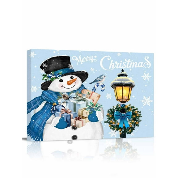 Light Blue Snowman Canvas Print Wall Art Framed Canvas Art Wall Decor Christmas Winter Wreath Snowflake Xmas Pictures Painting Morden Artwork for Living Room Bedroom, Ready to Hang - 12"x16"