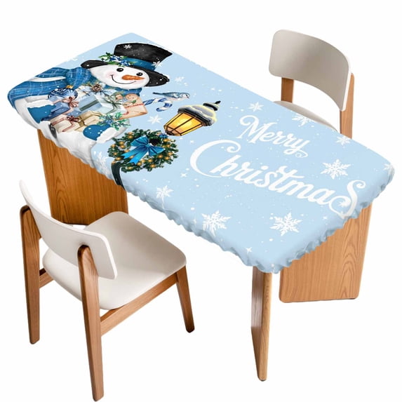 Light Blue Snowman Christmas Table Cloths for 4 Foot Rectangle Tables, Xmas Gifts Wreath Snowflake Patio Waterproof Elastic Fitted Tablecloths, Washable Rectangular Table Cover for Camping