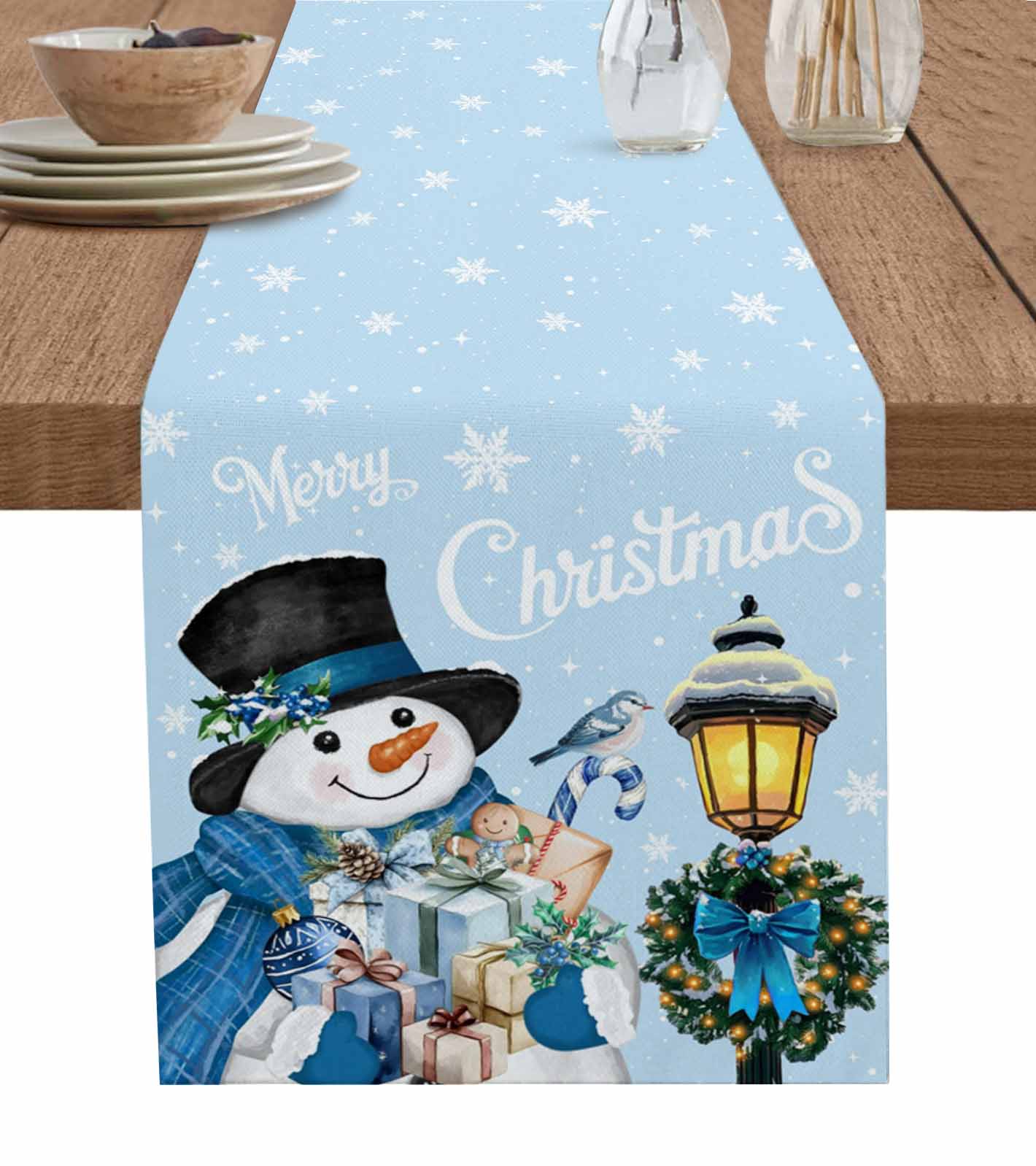 Snow Table Runner Light Blue Snowman Christmas Table Runner 90 Inch Long Dresser Scarves ...