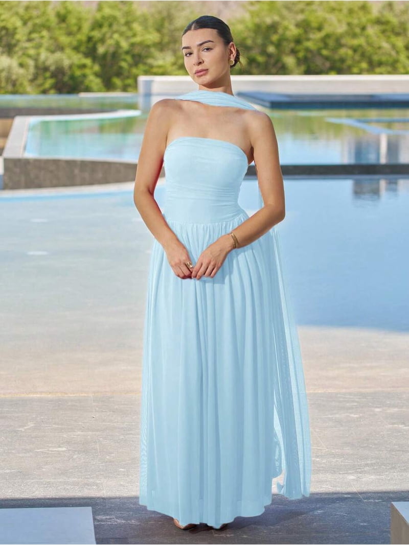 Light Blue Solid Ruched Halter Maxi Dress With Sheer Drape, Elegant Evening Gown