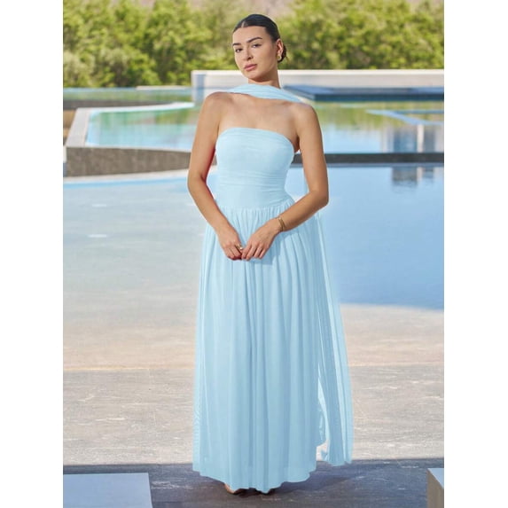 Light Blue Solid Ruched Halter Maxi Dress With Sheer Drape, Elegant Evening Gown