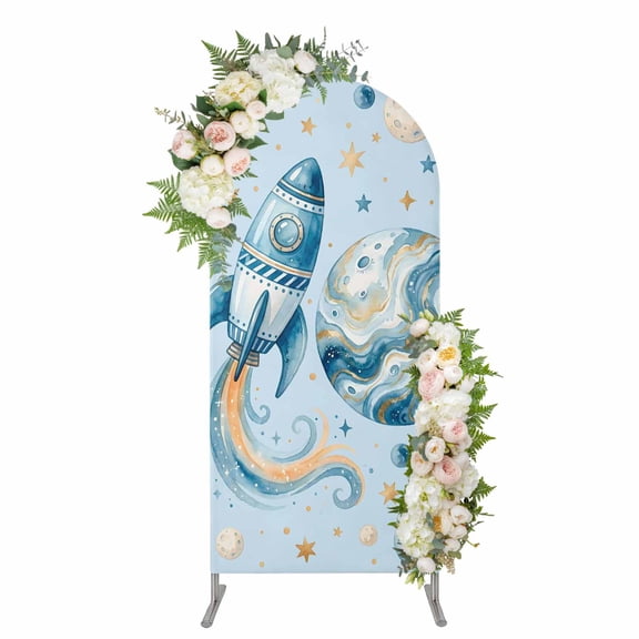 Light Blue Space Rocket Arch Backdrop Cover 4FT, Modena Abstract Universe Planet Spandex Fitted Stretchy Arch Stand Covers, Round Top Chiara Backdrop Cover for Wedding Party Birthday Baby Shower