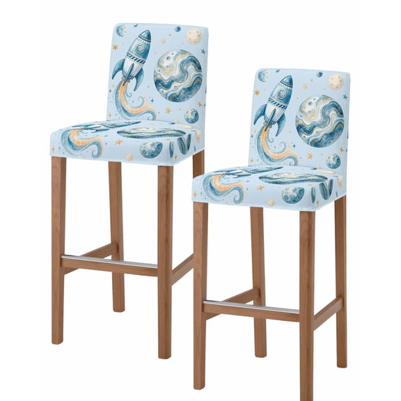 Light Blue Space Rocket Bar Stool Covers Set of 2, Modena Abstract Universe Planet Stretch Washable Bar Chair Covers with Backs, Removable Pub Counter Height Chair Cover for Kitchen Dining Room Cafe