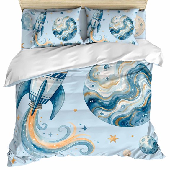 Light Blue Space Rocket Set of 4 Bedding Quilt Covers, Modena Abstract Universe Planet 4-Piece Bed Sheet Set with Extra Soft Bed Sheets Quilt Cover Pillowcase, Twin