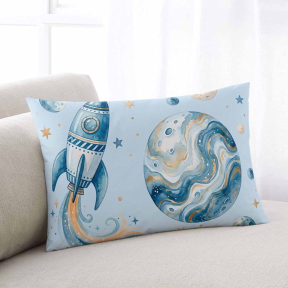 Light Blue Space Rocket Throw Pillow Covers, Modena Abstract Universe Planet Soft Breathable Pillow Cases with Invisible Zipper for Sleeping, Toddler Pillowcases for Couch Bed Sofa Chair 12x20 Inches