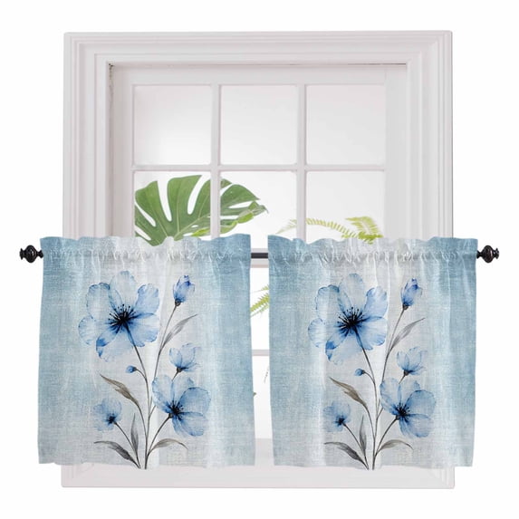 Light Blue Spring Floral 2 Panel Kitchen Curtains for Small Windows, Vintage Luxury Botanical Bathroom Tier Curtain, Short Window Treatment for Bedroom/Living Room 55"x24"