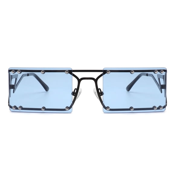 Light Blue Square Sunglasses - Black Frame Stud Detail UV400 Protection Fashion Shades for Casual Outdoor