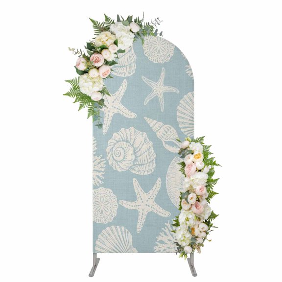 Light Blue Starfish Coastal Arch Backdrop Cover 4FT, Shell Summer Beach Nautical Spandex Fitted Stretchy Arch Stand Covers, Round Top Chiara Backdrop Cover for Wedding Party Birthday Baby Shower