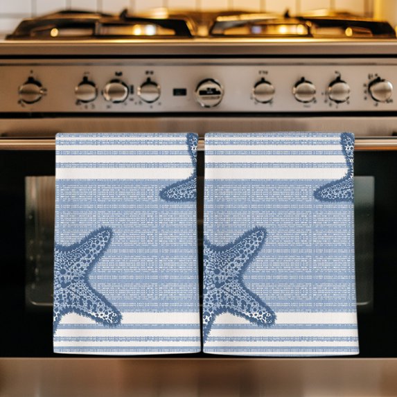 Light Blue Starfish Kitchen Towels Set of 4, Coastal Summer Beach Ocean Striped Absorbent Dish Towels for Kitchen, Microfiber Hand Towel, Quick Drying Tea Towel for Cleaning Decorative Dishcloths