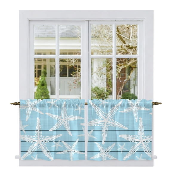 Light Blue Starfish Tier Curtains 24 Inch Length, Summer Coastal Nautical Ocean Wooden Cafe Short Curtains for Bathroom Over Sink, Small Kitchen Curtain Light Filtering Drapes 2 Panels 27.5"Wx24"L