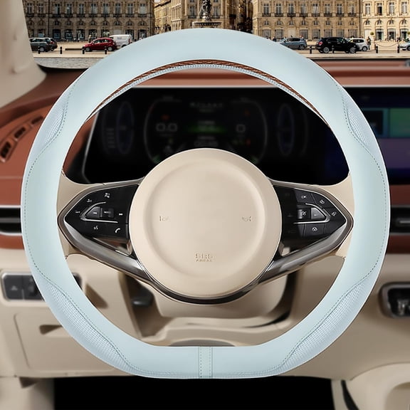 Light Blue Steering Wheel Cover, Advanced Microfiber Leather Non-Slip Breathable Fabric, Warm in Winter and Cool in Summer, Universal 15 inch