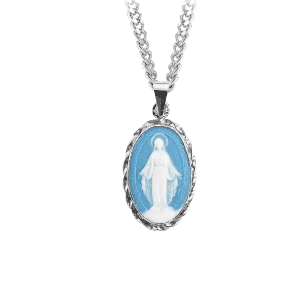 Light Blue Sterling Silver Cameo Miraculous Medal Pendant Necklace – 18 ...