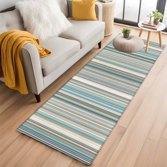Light Blue Striped 2'x6' Runner Rugs for Hallway Kitchen Bedside Non Slip, Farmhouse Thin Line Modern Abstract Art Entryway Rug Runners with Rubber Backing, Long Carpet Runner for Laundry Room