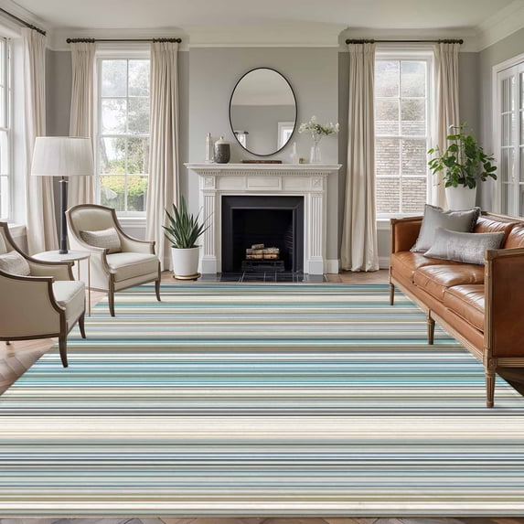 Light Blue Striped Area Rugs 6'x9', Washable Small Throw Rugs for Kitchen Dining room, Farmhouse Thin Line Modern Abstract Art Indoor Outdoor Rug Non-Slip Low Pile Carpet Runner Reversible Floor Mats