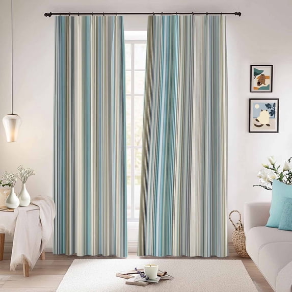 Light Blue Striped Blackout Curtains for Bedroom/Living Room, Pinch Pleated Black Out Curtains, Farmhouse Thin Line Modern Abstract Art Room Darkening Window Drapes with Hooks 2 Panels, 59"x70"