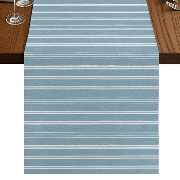 Light Blue Striped Burlap Cotton Table Runner 13x70 Inches Long, Farmhouse Stripes Modern Vintage Farmhouse Table Runners, Outdoor Dining Tablecloths Decor for Baby Shower/Party/Wedding