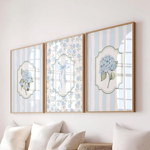 Light Blue Striped Hydrangea Wall Art Pastel Botanical Decor Set 3 Unframed Paper Print 12x18
