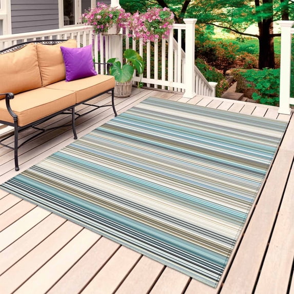 Light Blue Striped Outdoor Rug 5x7 Ft, Non Slip Washable Area Rug, Farmhouse Thin Line Modern Abstract Art Patio Rugs Carpet Runner, Large Floor Mat for Indoor/Outdoor Deck Porch Camping