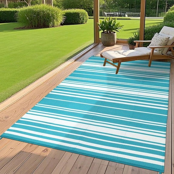 Light Blue Striped Outdoor Rug Mat For Patio, Deck, Balcony – Waterproof Plastic Straw Modern Design