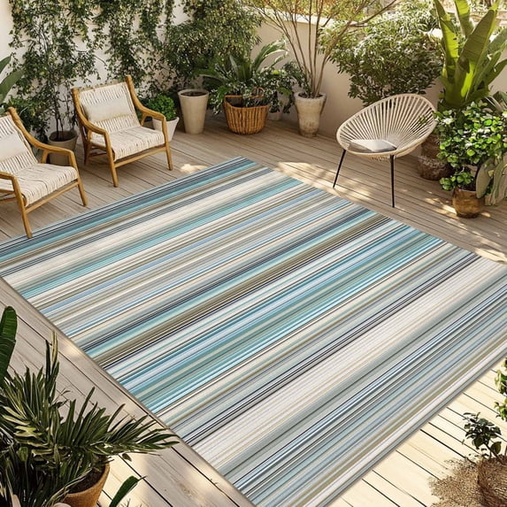 Light Blue Striped Outdoor Rug for Patio/Deck/Porch, Non-Slip Large Area Rug 6 x 9 Ft, Farmhouse Thin Line Modern Abstract Art Indoor Outdoor Rugs Washable Area Rugs, Camping Rug Carpet Runner