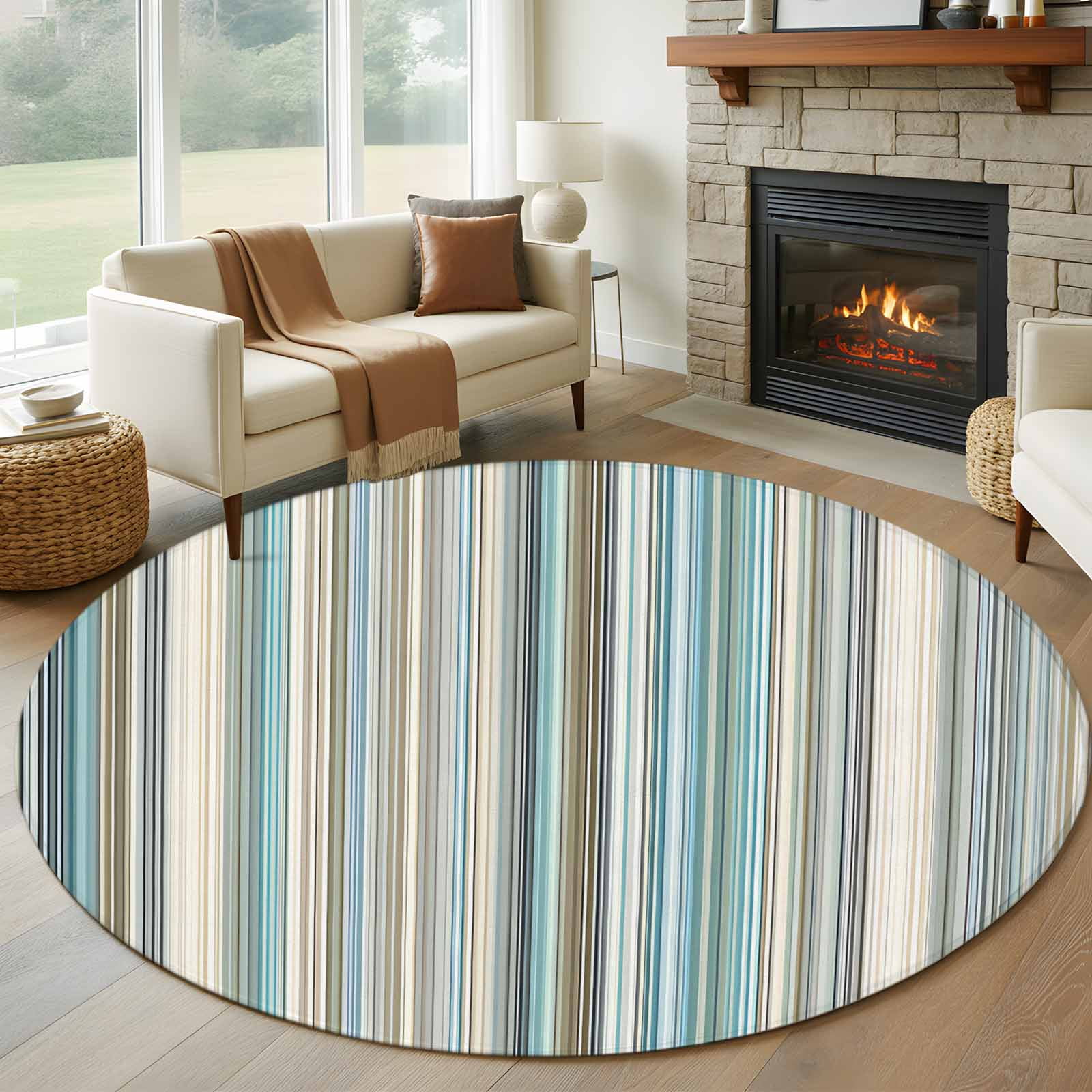 Light Blue Striped Round Area Rug 6Ft Washable Circle Rugs for Bathroom Office, Farmhouse Thin Line Modern Abstract Art Non-Slip Carpet Floor Mats Indoor Outdoor Carpet Runner Aesthetic Home Decor