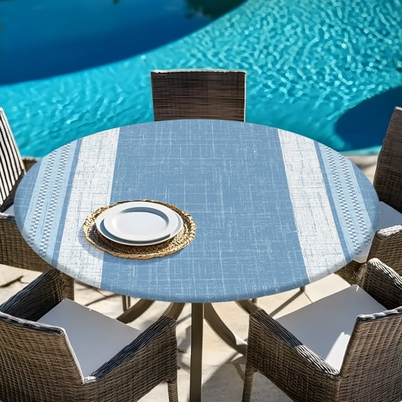 Light Blue Stripes Burlap Texture Round Fitted Tablecloth with Elastic Edge,Waterproof Table Cloth Fits 45"-54"Tables,Wipeable Table Cover for Indoor Outdoor Dinning Party,Rustic Geometric Line Art