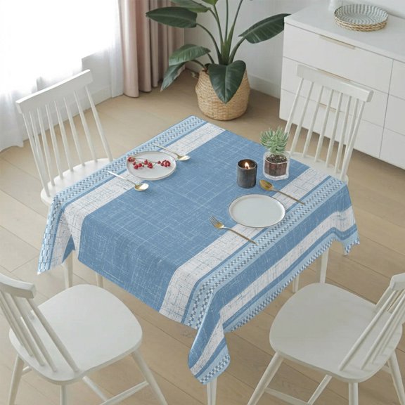 Light Blue Stripes Burlap Texture Table Cloth 54x54in, Waterproof Square Tablecloth Wipeable Tablecloths Rustic Geometric Line Art Table Covers for Dining Tables Party Indoor Outdoor