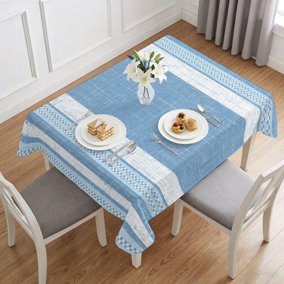 Light Blue Stripes Burlap Texture Table Cloth 60x84in, Waterproof Rectangle Tablecloth Wipeable Tablecloths Rustic Geometric Line Art Table Covers for Dining Tables Party Indoor Outdoor