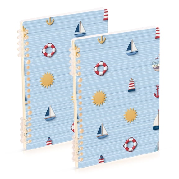 Light Blue Stripes Sun Boats Flotadors Lighthouses Notebook Detachable Coil Notebook Diary Plan Book A5 Size 60 Pages 1 Pack