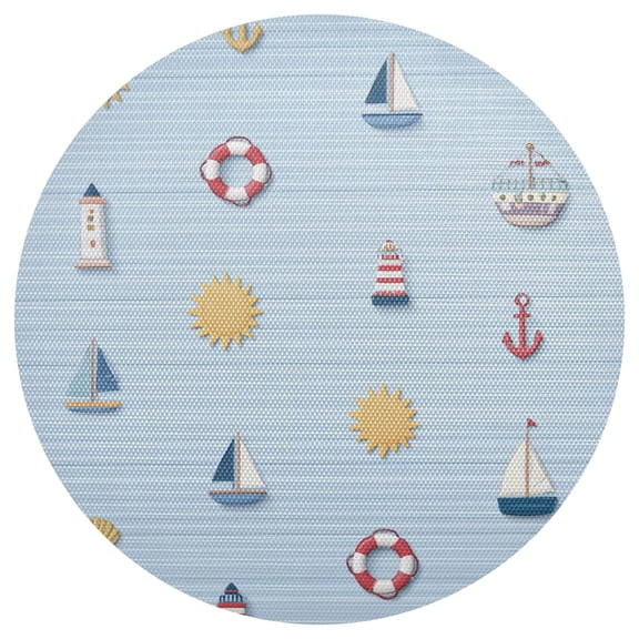 Light Blue Stripes Sun Boats Flotadors Lighthouses PVC Round Grid Placemat Table Mat 1 Pc 15.4" x 15.4"