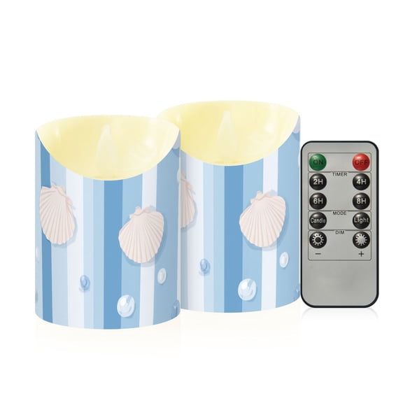 Light Blue Stripes with Shells Pearls Flickering Flameless Candles with Remote Timer Battery Operated LED Tealight Set of 2 S