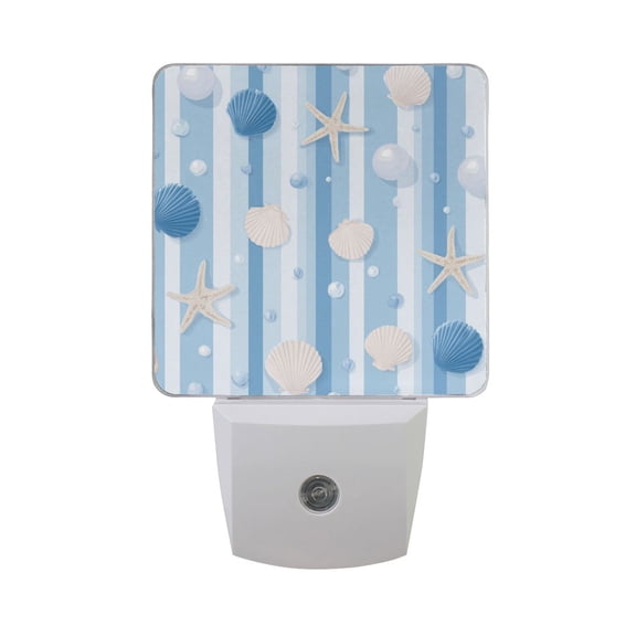 Light Blue Stripes with Shells Pearls LED Night Light Sensor Lamp Plug-in Adjustable Brightness 2 Pack