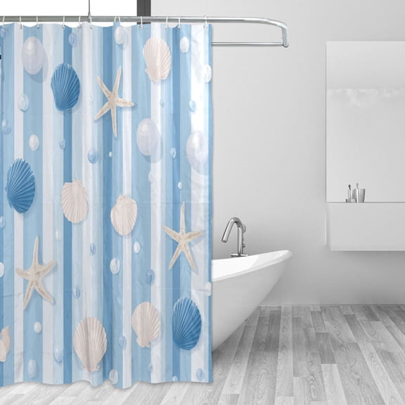 Light Blue Stripes with Shells Pearls Shower Curtains with 12 Hooks Waterproof Bathroom Decor 66" x 72"