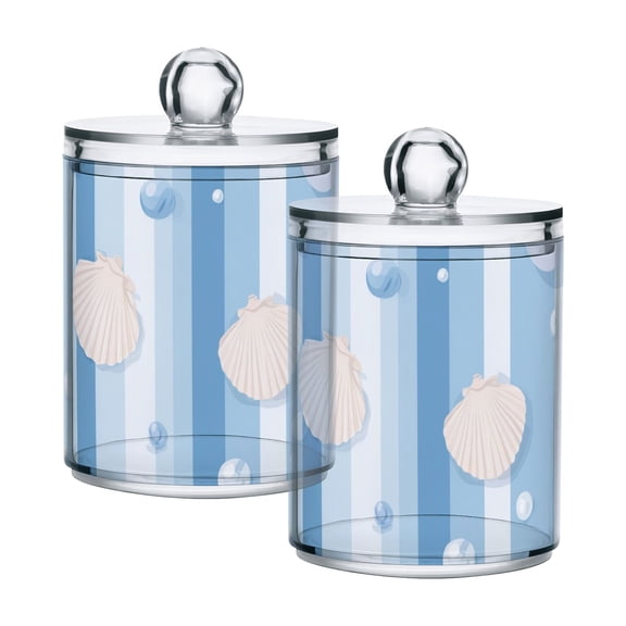 Light Blue Stripes with Shells Pearls Translucent Plastic Cans Storage Canisters with Lid Set of 2