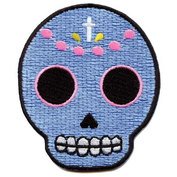 Light Blue Sugar Skull Iron On Embroidered Patch