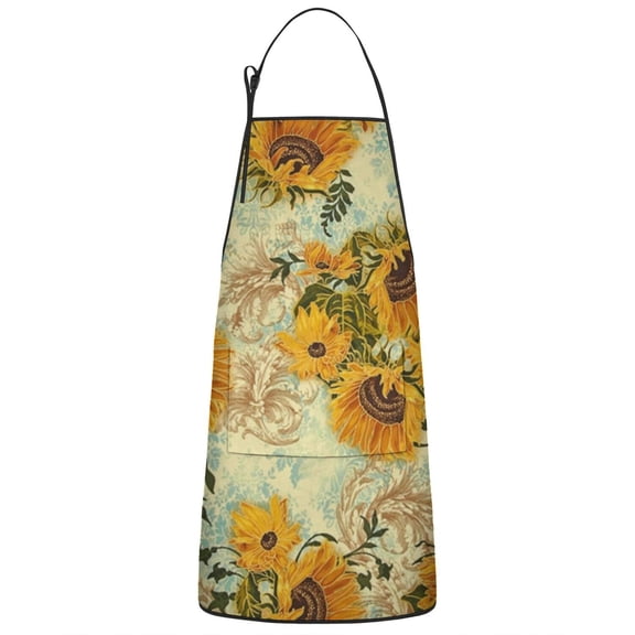 Light Blue Sunflower Pattern Apron-Garden Aprons for Women with Pockets-Cotton Linen Waterproof Kitchen Cooking Gardening Aprons Adjustable for Kitchen,Cooking,BBQ and Salon 33x27 Inch