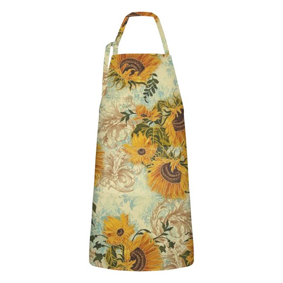 Light Blue Sunflower Pattern Apron-Garden Aprons for Women with Pockets-Cotton Linen Waterproof Kitchen Cooking Gardening Aprons Adjustable for Kitchen,Cooking,BBQ and Salon 33x27 Inch