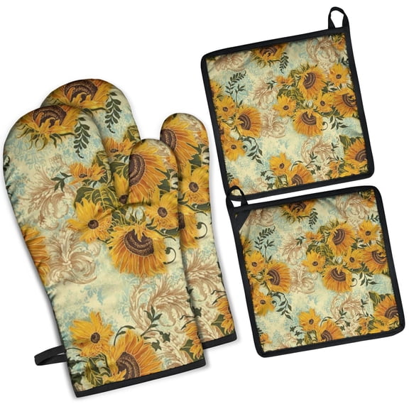 Light Blue Sunflower Pattern Kitchen Oven Mitt and Pot Holder Sets 4 Pcs for Baking, Cooking and Grilling, Heat Resistant Up To 392 °F