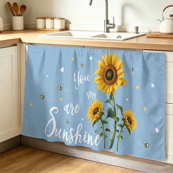 Light Blue Sunshine Sunflower Cabinet Curtains for Shelves, Pastoral Bees Farmhouse Floral Privacy Curtain for Closet Self Adhesive, Dust-Proof Drapes for Closet Storage Room Classroom 32"W x 55"L