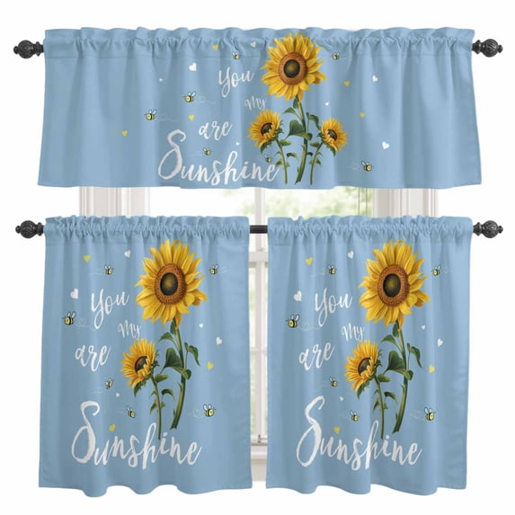 Light Blue Sunshine Sunflower Kitchen Curtains Sets for Windows 36 Inch Length, Pastoral Bees Farmhouse Floral Rod Pocket Window Treatments Tier Curtains and Valances Set for Bedroom/Bathroom