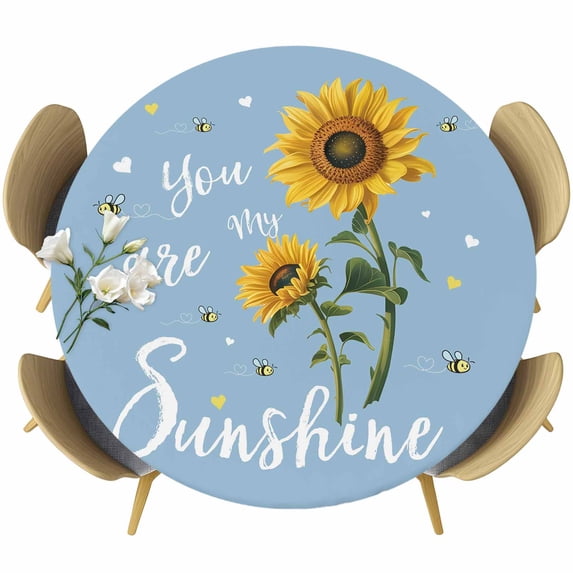 Light Blue Sunshine Sunflower Round Tablecloth, Fitted Table Cover with Elastic for 55"-60" Round Tables, Pastoral Bees Farmhouse Floral Table Cloth Outdoor Dinning Party Waterproof Tablecloths