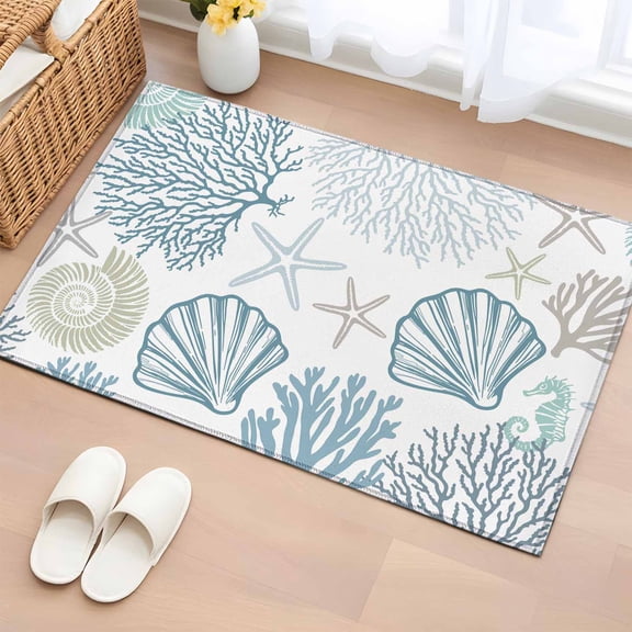 Light Blue Teal Coastal Area Rugs 2x3 for Living Room, Summer Beach Coral Shell Ocean Non Slip Washable Rug Runner, Low Pile Indoor Floor Carpet Mat Bathroom Rugs for Bedroom, Kids Room