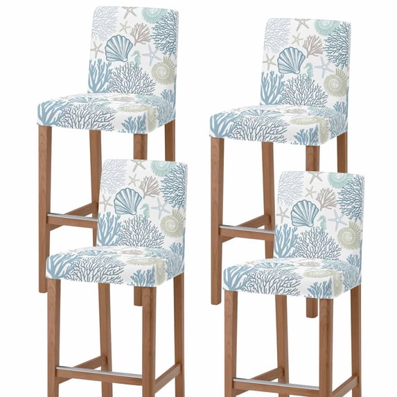 Light Blue Teal Coastal Bar Stool Cover Set of 4, Summer Beach Coral Shell Ocean Stretch Bar Chair Cover, Removable Washable Pub Counter Stool Chair Slipcover for Kitchen Dining Room Pub Cafe